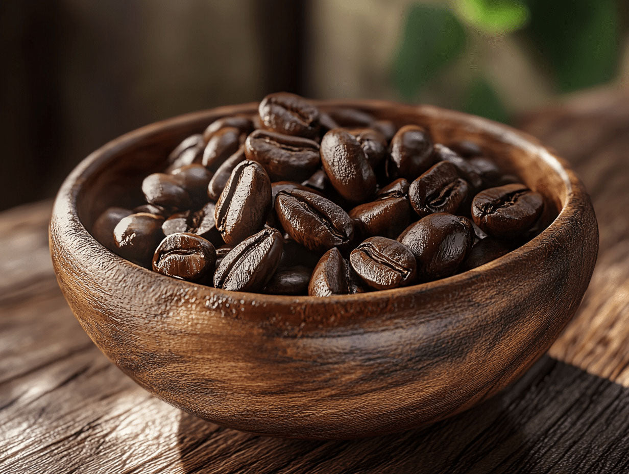 Medium Roast Coffee Beans in a Wooden Bowl on a Breakfast Table