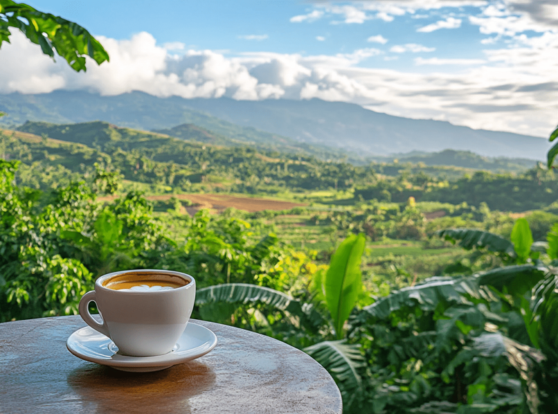 A cup of Haitian coffee on a table overlooking a Haitian Coffee farm